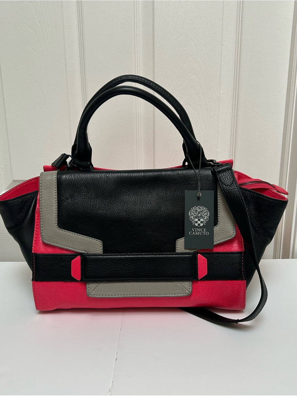 Vince Camuto Black, Pink & Gray Colorblock Leather Satchel Bag
